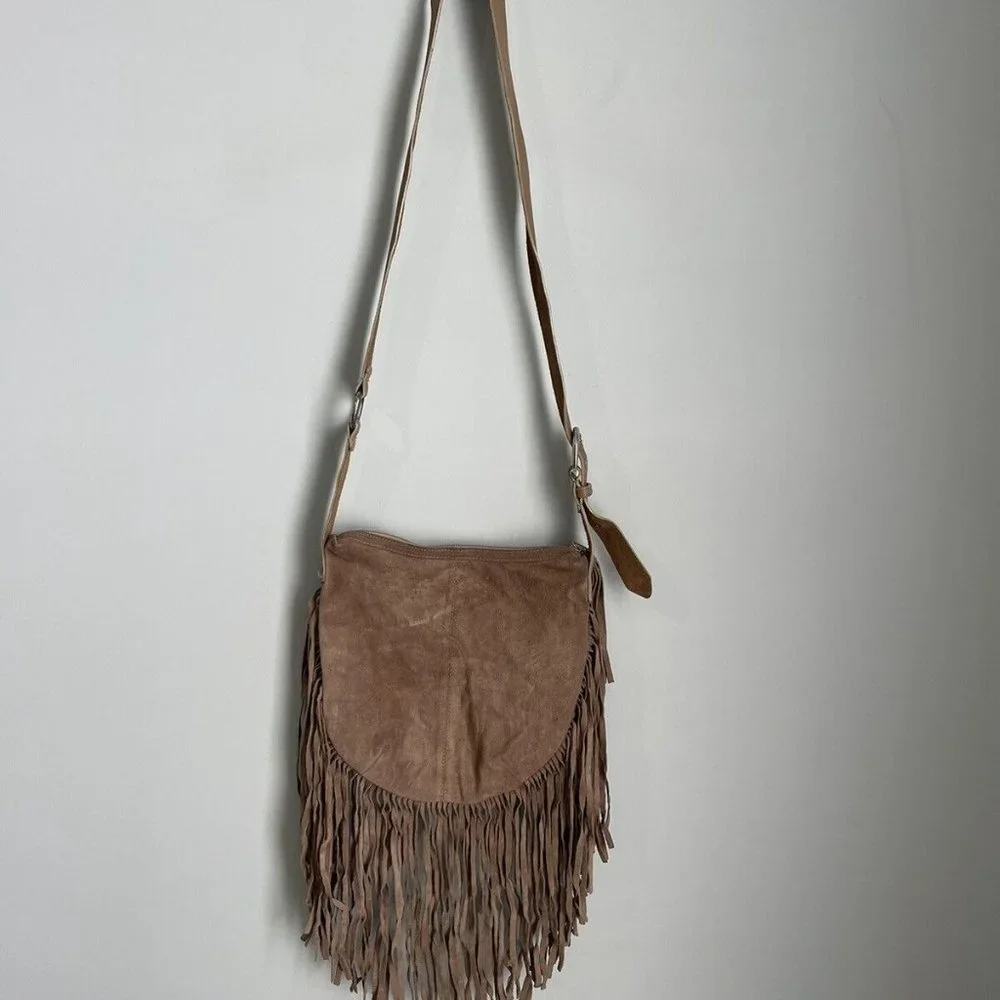 Genuine Leatherock Tan Leather Suede Fringed Crossbody Purse - Picture 2 of 9